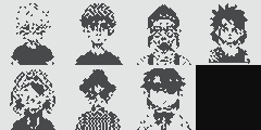 A grid of eight pixel art character portraits in black and white, with the bottom right slot left as a solid black square.