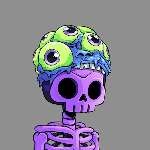 An illustration of a purple skeleton with a green eyeball creature featuring multiple eyes melting out of its skull, set against a gray background.