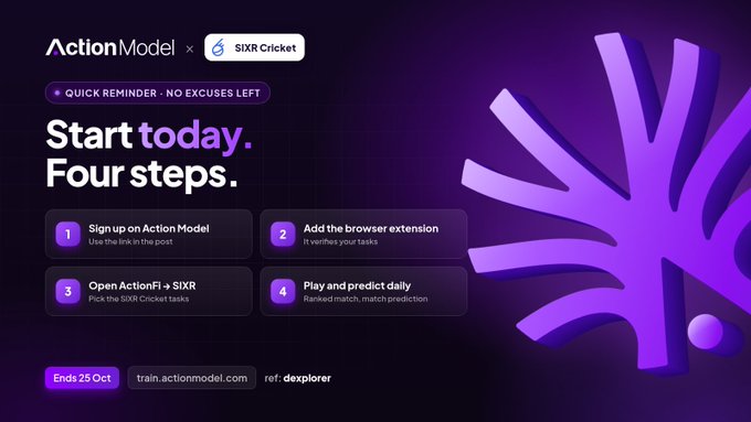 Promotional graphic for Action Model x SIXR Cricket partnership showing four steps: sign up, add browser extension, open ActionFi+SIXR, and play/predict daily; ends 25 Oct with code 'dexplorer'.