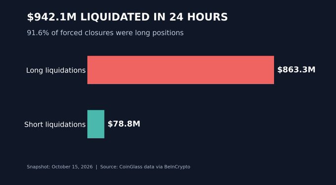 The image is a bar chart showing that $942.1M was liquidated in 24 hours as of October 15, 2026, with long liquidations dominating at $863.3M (91.6%) compared to just $78.8M in short liquidations, illustrating the post's point that leveraged long positions bore the brunt of the crypto market wipeout.