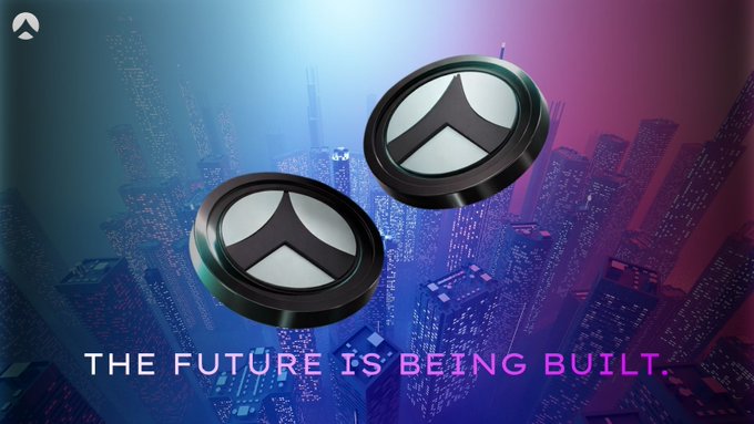 A promotional graphic with two metallic circular symbols against a futuristic blue and pink cityscape, captioned 'THE FUTURE IS BEING BUILT.'