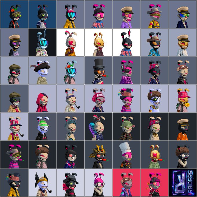 The image features a grid of various cartoon rabbit characters, each wearing different hats and outfits. The rabbits are arranged in rows and columns, creating an organized layout that showcases their unique appearances. The post related to this image reads: "You know @RoguesNFT will be a blue chip on @solana Double down on your conviction". This message is meant to encourage the viewer to pay attention to the details of the cartoon rabbit characters in the image and appreciate their distinct features, as well as draw inspiration from them.