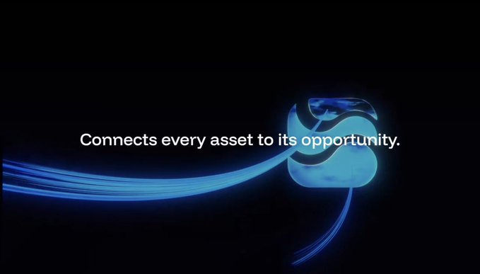 The image features a blue logo that says "Connects every asset to its opportunity" against a black background. The logo has a white triangle shape at the bottom with a blue line extending from it, creating an illusion of floating or hovering. The text in the image is written in white and is positioned above the logo.