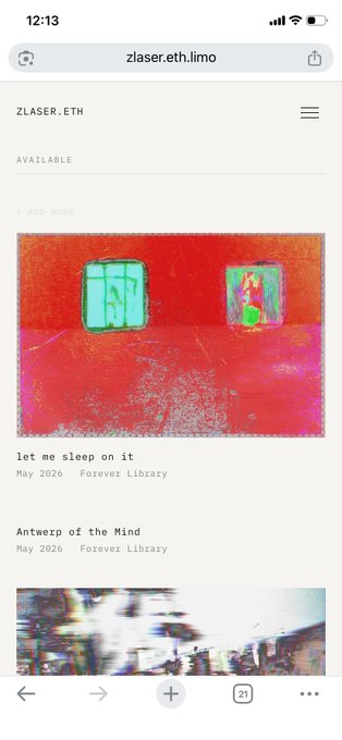 A mobile screenshot of the zlaser.eth website displaying artwork entries titled 'let me sleep on it' and 'Answer of the Mind' under the ZLASER.ETH label.