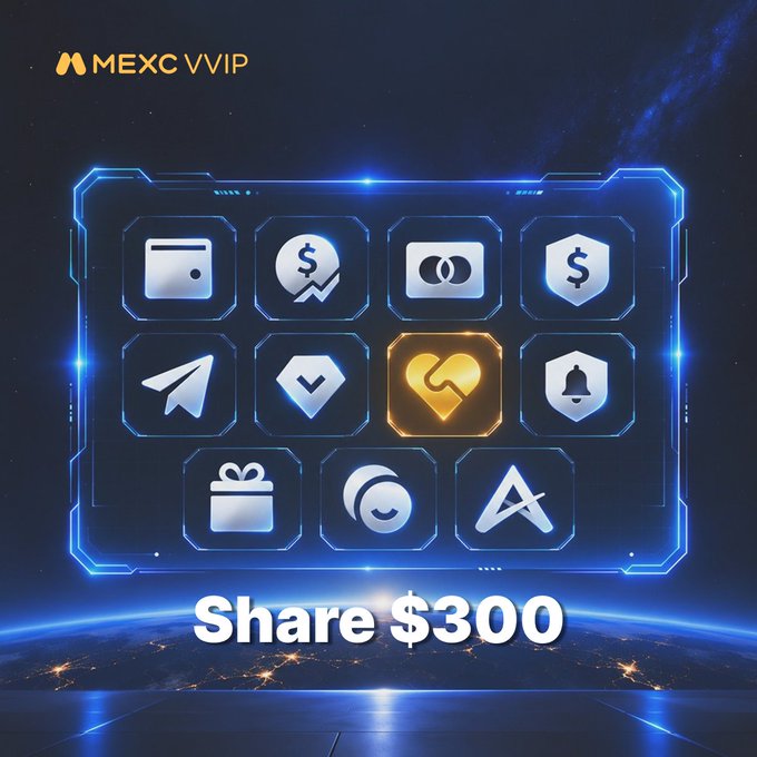A promotional image for MEXC VVIP featuring a futuristic blue interface with 11 app-like icons, with a heart symbol highlighted in gold, displaying the text "Share $300" and the MEXC VVIP logo, encouraging users to share their most valued VVIP benefit for a chance to win a share of $300.