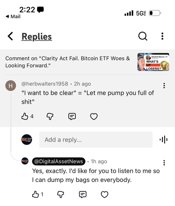 A screenshot of a YouTube comments section shows replies on a video titled 'Clarity Act Fail. Bitcoin ETF Woes & Looking Forward,' with users @herbwalters1958 and @DigitalAssetNews making sarcastic comments about pumping and dumping.
