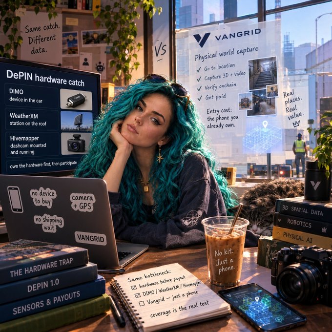 A woman with vibrant teal hair sits at a desk surrounded by tech-themed books and a laptop, with presentation boards comparing 'DePIN hardware' approaches to 'VANGRID' which promotes capturing 3D physical world data with just a phone.