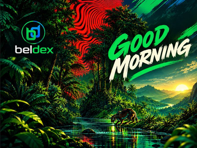A colorful digital graphic features a jungle landscape with a tiger drinking from a river, overlaid with a 'beldex' logo on the left and the stylized text 'GOOD MORNING' on the right.