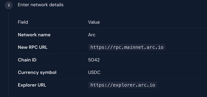 A screenshot of a network configuration form titled 'Enter network details' for the Arc network with RPC URL 'https://rpc.mainnet.arc.io', Chain ID 5042, and USDC as the currency symbol.