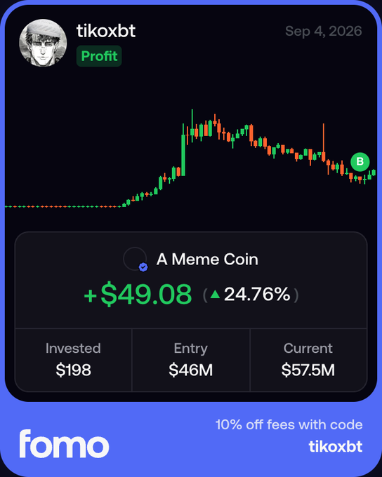 A promotional image for the crypto trading app 'Fomo,' showing a user's profit profile for 'A Meme Coin' with a +24.76% gain, displaying invested, entry, and current values.