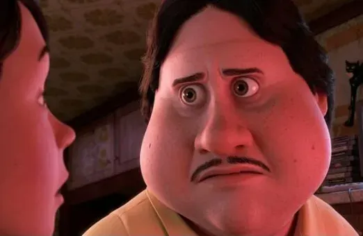 The image shows a close-up from an animated film featuring a wide-eyed, exaggeratedly shocked character with a mustache staring intensely at another person, their face lit in a dramatic red glow. This meme-like expression perfectly captures the post's bewildered reaction to someone's baffling commentary about "our favourite barbell" before dismissing "marscoin and useless," with the red lighting emphasizing the poster's disbelief at the lost "aura."