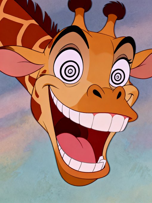 Cartoon illustration of a giraffe with a wide-eyed, manic expression and large toothy grin.