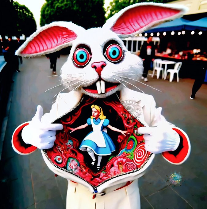 A surreal photo of a person in a creepy white rabbit mascot costume with large blue eyes and prominent teeth, opening its chest to reveal an image of Alice from Alice in Wonderland.