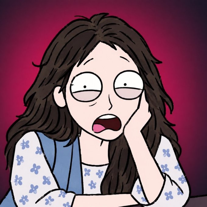 A cartoon-style illustration of a woman with long dark hair wearing a floral-patterned top, displaying a surprised expression against a dark red backdrop.