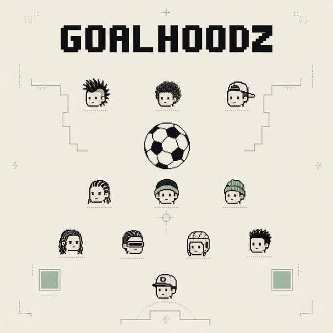 Pixel art graphic titled 'GOAL HOODZ' depicting a soccer field formation with various cartoon character faces representing the players.