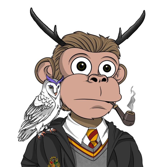A cartoon monkey character with antlers, smoking a pipe and wearing a Hogwarts-style Gryffindor robe with a Gryffindor tie, has a white owl with purple plumage perched on its shoulder—wisdom meets mischief. The image ties in with the post's NFT giveaway announcement by portraying a whimsical, scholarly chimp, capturing the playful and magical vibe of the ChimpX NFT project.