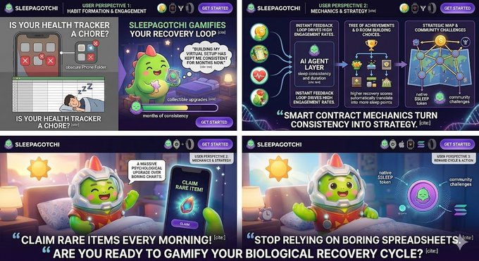 Four posters display a cartoon character, "Sleepingoat," on a bed with the text "claim rare items every morning! Use your health tracker to claim rare items!"