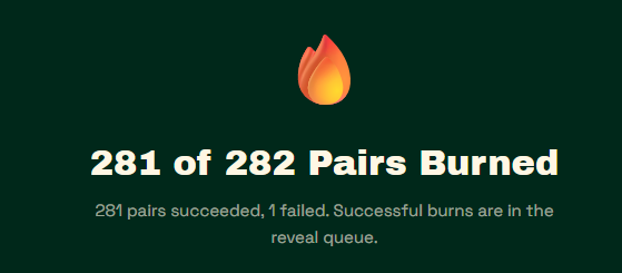 Crypto/NFT platform screen showing '281 of 282 Pairs Burned' with a fire emoji, stating '281 pairs succeeded, 1 failed. Successful burns are in the reveal queue.'