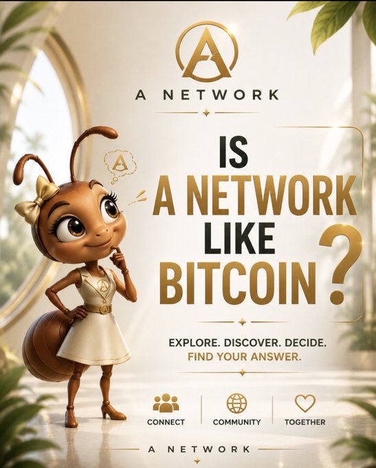 A promotional graphic featuring an ant mascot with the text 'IS A NETWORK LIKE BITCOIN?' and the 'A NETWORK' logo.