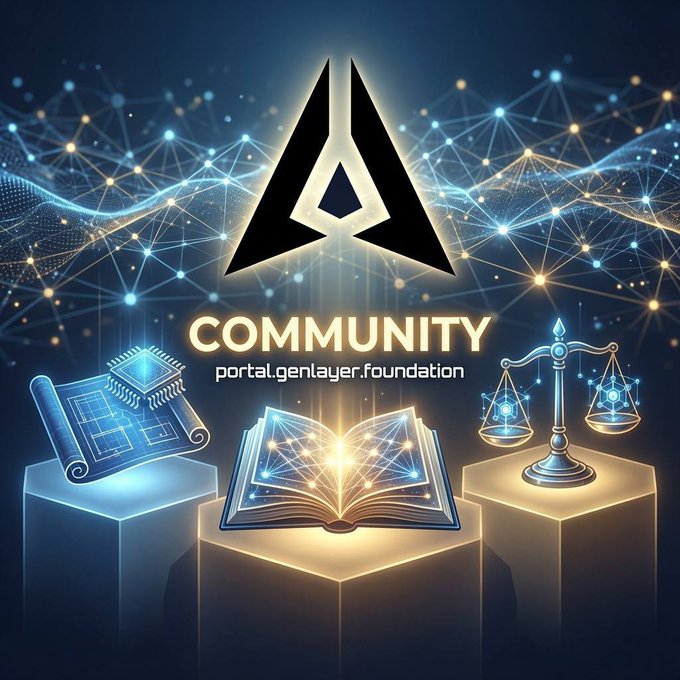 A digital graphic featuring a triangular logo with the text 'COMMUNITY' and 'portal.genlayer.foundation', above glowing icons of a scroll, book, and scales of justice.