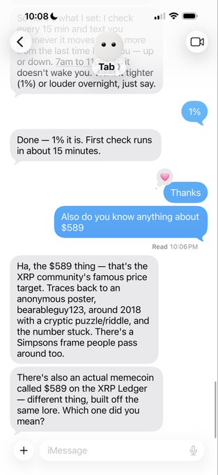 An iMessage conversation screenshot where one user explains the origin of the "$589" meme, tracing it to an anonymous poster from bearableguy123 around 2018 and mentioning a memecoin of the same name on the XRP Ledger.