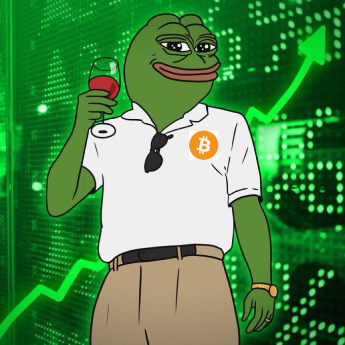 A Pepe the Frog meme character wearing a Bitcoin logo polo shirt and sunglasses holds a glass of red wine against a green background with upward-trending stock graphs.