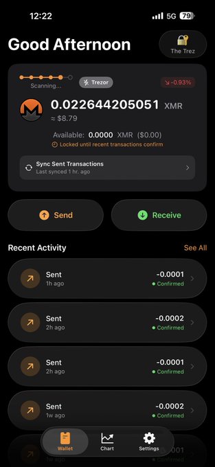 The image displays an iPhone screen, showing a mobile app with notifications about transactions. It appears that the app is related to Bitcoin, which may be Monero if the text provided refers to its use as a wallet. The app also features a "Good Afternoon" reminder and a "Resent Activity" section for tracking recent transactions. The app has a focus on Monero users, and it is set to run on iOS Test Flight for beta testing purposes, so users should pay attention to any updates or changes that may occur before using the app in its full functionality.