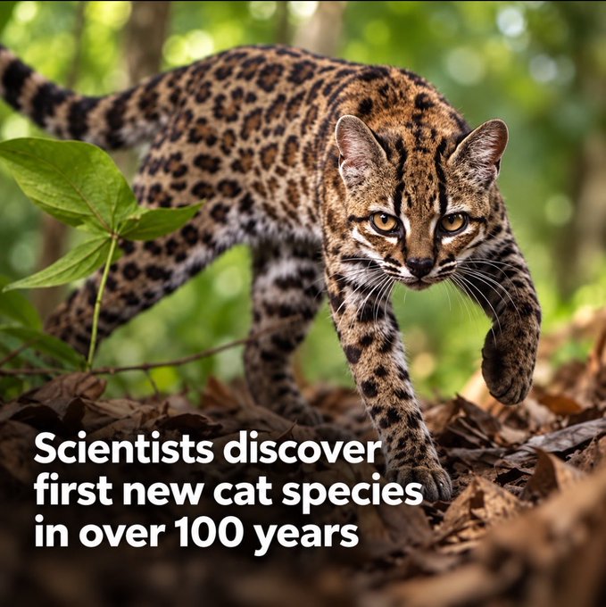 A wild spotted cat with striking amber eyes prowls through a lush green forest, overlaid with text reading "Scientists discover first new cat species in over 100 years." The image illustrates the newly discovered Bolivian Tilcayo Tiger Cat, the elusive wildcat reportedly targeted for adoption in a $5 million offer from Rainbet CEO John.