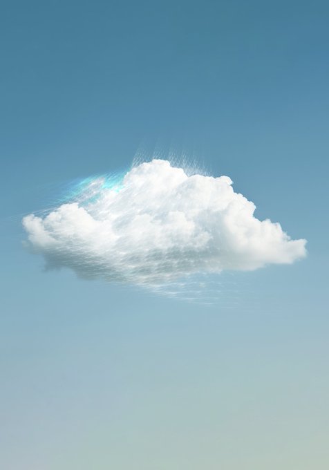 A fluffy white cumulus cloud floats in a clear blue sky, featuring a digital glitch effect with cyan and pixelated distortions on its upper left edge.