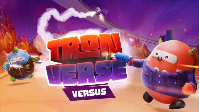 A colorful game promotional graphic features the bold "TRON VERSE VERSUS" logo in the center, flanked by round cartoon characters and a rocket trail in the background.