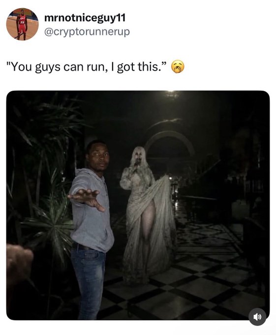 A tweet by @cryptorunnerup reads 'You guys can run, I got this.' with an image of a man protectively gesturing in front of someone in a ghost costume.