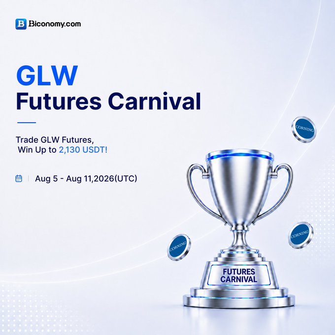 A promotional banner for Biconomy.com's "GLW Futures Carnival" event, featuring a silver trophy and "CORNING" branded tokens, advertising a chance to win up to 2,130 USDT by trading GLW Futures between August 5-11, 2026 (UTC). The image visually reinforces the post's call to action by displaying the prize-themed trophy alongside key event details, including the trading period and reward amount.
