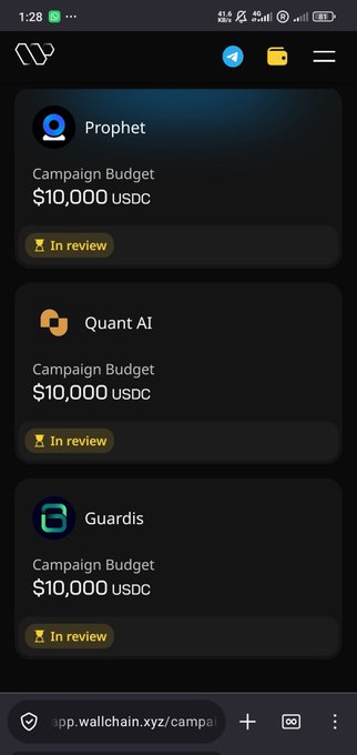 The image shows a cell phone screen displaying three different campaign budgets, including one for Prophet, another for Guardis, and a third for Bountis. The user has applied for all of these campaigns, and they are waiting for responses from the campaigns.