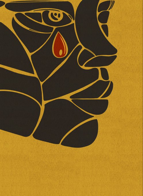 A stylized black silhouette artwork on a textured mustard-yellow background depicting the torso and arm of a muscular figure holding a glowing red droplet.