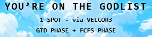A distorted, glitch-style graphic on a blue background with the text 'YOU?RE ON THE GOOLIST' along with '1 SPOT - via VELORDS' and 'GTO PHASE + PEGS PHASE'.