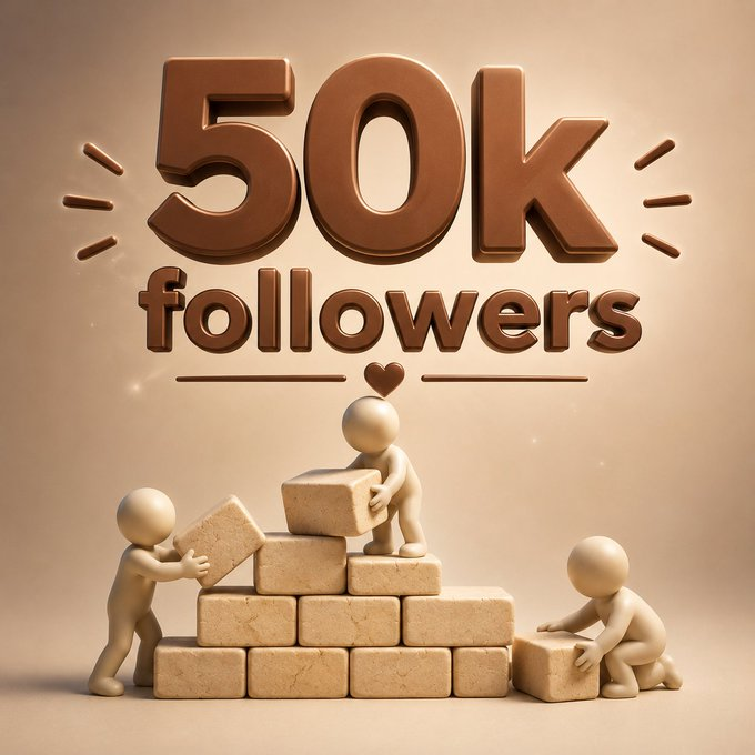 A 3D rendered graphic showing '50k followers' in large chocolate-brown text with small figure characters stacking beige blocks below, set against a warm beige background.