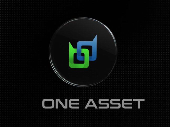 A logo for 'ONE ASSET' is displayed on a black background, featuring a green and blue interlinked design inside a glossy black circle.