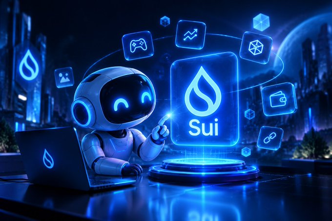 A 3D digital illustration features a blue and white robot sitting at a glowing blue laptop, interacting with floating holographic app icons centered around the "Sui" cryptocurrency logo.