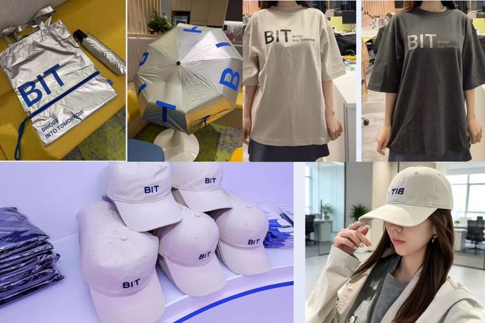 A collage showcases merchandise for 'BIT Bridge to TomorrowNow,' including a silver drawstring bag, an umbrella, beige and black t-shirts, and multiple white baseball caps, with one being modeled by a woman.