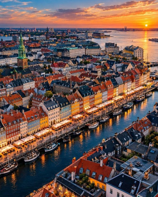 An aerial view of Nyhavn in Copenhagen, Denmark, showing colorful waterfront buildings along the canal at sunset.