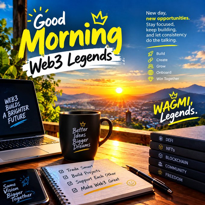 A motivational 'Good Morning Web3 Legends' graphic featuring a sunrise scene with a coffee mug reading 'Better Ideas Bigger Dreams', a laptop saying 'Web3 Builds A Brighter Future', a checklist of goals (Trade Smart, Build Projects, Support Each Other, Make Web3 Great), and pillars of DeFi, NFTs, Blockchain, Community, and Freedom.
