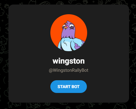 A dark profile card for 'wingston' (@WingstonRallyBot) featuring a cartoon eagle character on an orange circle with a blue 'START BOT' button.