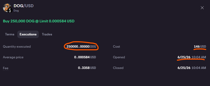 The image shows a Robinhood order execution screen confirming the purchase of 250,000 DOG at a limit price of 0.000584 USD, costing 146 USD with a 0.3358 USD fee, completed on 6/25/26. The highlighted 250,000 DOG quantity visually reinforces the post's message of the author backing the DOG token with a significant buy as a show of support for the community.