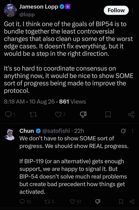 The image shows a Twitter/X exchange between Jameson Lopp (@lopp) and Chun (@satofishi) debating Bitcoin improvement proposals, where Lopp supports BIP-54 as progress on least controversial changes, while Chun counters that the community should pursue "REAL progress" through BIP-119 instead, warning that BIP-54 sets a bad precedent for protocol activation—aligning with the "Interesting" caption as it captures notable disagreement within Bitcoin's developer community on protocol governance.