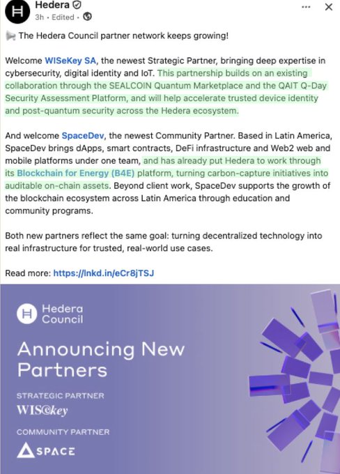 A LinkedIn post from Hedera announcing new Council partners WISeKey SA (Strategic Partner) and SpaceDev (Community Partner), highlighting their work in cybersecurity, IoT, and Latin American blockchain development.