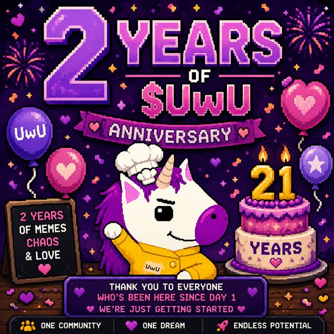 A pixel art anniversary graphic celebrates '2 YEARS OF UwU' featuring a unicorn mascot, a cake with '21' candles, and a chalkboard reading '2 YEARS OF MEMES CHAOS & LOVE.'
