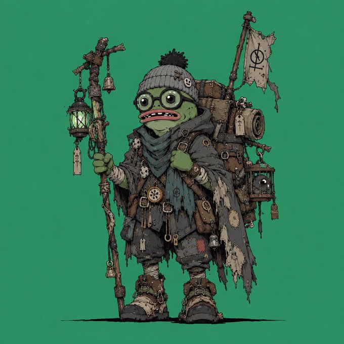 A whimsical green-skinned wanderer with oversized glasses and a tattered beanie stands against a teal background, clutching a lantern-topped staff and laden with travel gear including a skull-patched flag and a caged eyeball. The quirky, character-driven artwork fits the "Good morning NFTs" post as a charming greeting piece showcasing unique, collectible-style digital art to start the day.