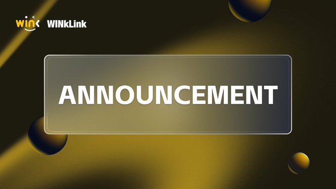 The image displays a WINKLink branded announcement graphic featuring the "WINkLink" logo in the top-left corner and the word "ANNOUNCEMENT" in large white text within a centered black banner, set against a dark background with gold and black spherical elements. The graphic serves as a header for a post analyzing WINkLink's official buyback announcement, specifically highlighting their decision to allocate 30% of funds toward token buybacks to enhance platform value.