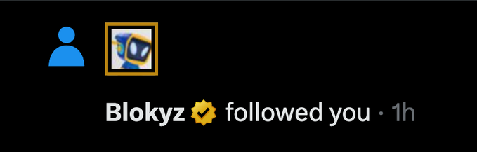 A notification showing that user 'Blokyz' followed you, 1h ago.