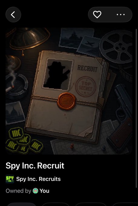 A "Spy Inc. Recruit" NFT owned by the user, featuring a vintage dossier marked "RECRUIT" and "TOP SECRET" with a silhouetted spy figure, surrounded by spy-themed items like a pistol, film reel, and classified photos, tied to the user's post about minting their first Spy NFT from @SpyIncGame in anticipation of GameFi coming to Robinhood Crypto.